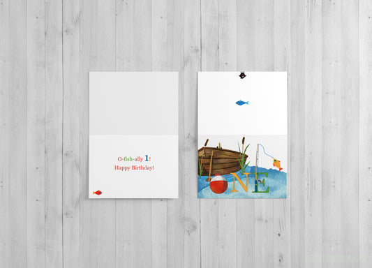 ONE Fishing Birthday Card - Single Card